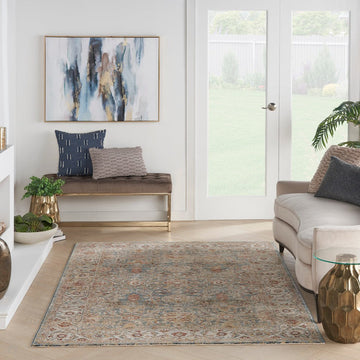 Sahar SHR03 Traditional Persian Vintage Distressed Floral Ornate Border Soft-Touch Polyester Low Profile Short Pile Blue Rug-Nourison-Rug Love - The Most Loved Rug Store